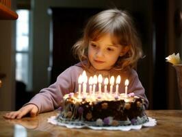 niño soplo fuera el velas en su cumpleaños pastel ai generativo foto