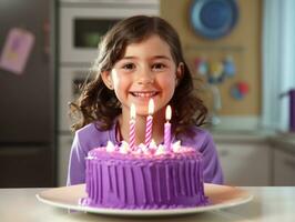 Child blowing out the candles on their birthday cake AI Generative photo