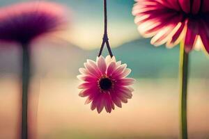 pink flowers hanging from a string in front of a field. AI-Generated photo