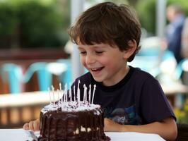 niño soplo fuera el velas en su cumpleaños pastel ai generativo foto