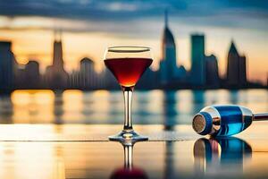 a glass of wine and a bottle of liquor on a table in front of a city skyline. AI-Generated photo