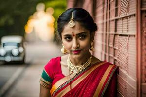 a beautiful indian woman in a red sari. AI-Generated photo