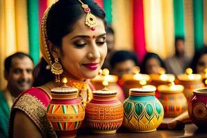 a woman in traditional indian attire holding a pot of oil. AI-Generated photo