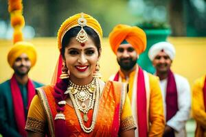 a bride in an orange sari with her bridesmaids. AI-Generated photo