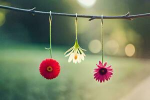 three flowers hanging from a branch. AI-Generated photo