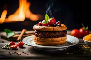 a hamburger on a plate with spices and berries. AI-Generated photo