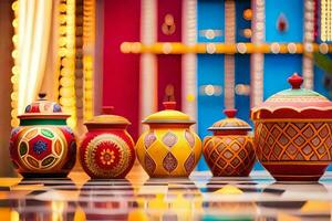 a row of colorful vases on a checkered floor. AI-Generated photo