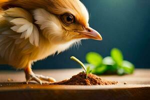 a chicken is standing on a table with a plant. AI-Generated photo