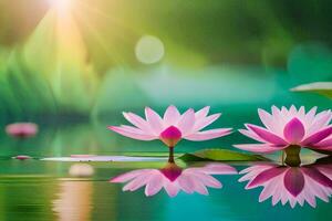 two pink lotus flowers are reflected in the water. AI-Generated photo