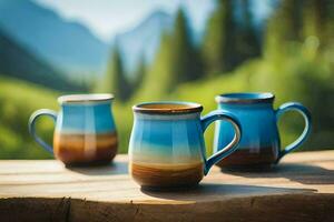 three mugs sitting on a wooden table in front of a mountain. AI-Generated photo