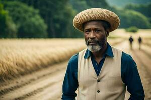 a man wearing a hat stands in a field. AI-Generated photo