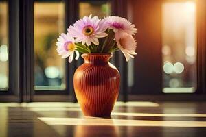 a vase with pink flowers sitting on a table. AI-Generated photo