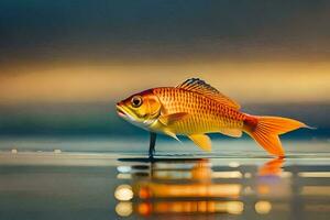 a fish is standing on the water with a reflection. AI-Generated photo