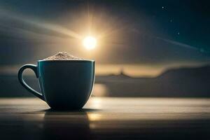 a cup of coffee on a table with a view of the night sky. AI-Generated photo