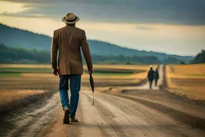 un hombre en un sombrero y Saco camina abajo un suciedad la carretera. generado por ai foto