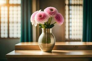 pink flowers in a vase on a table. AI-Generated photo