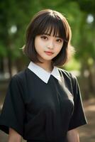 hermosa asiático colegio niña con delicado cara ai generativo foto
