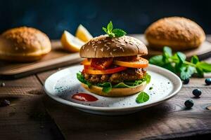 a hamburger with tomatoes and lettuce on a plate. AI-Generated photo