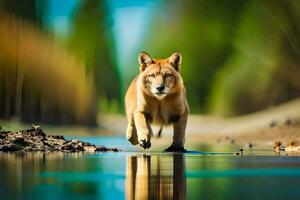 a wolf running across a river in the forest. AI-Generated photo