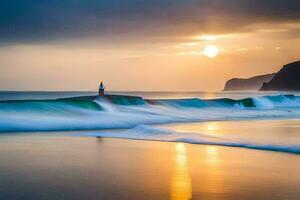 a lighthouse stands on the beach at sunset. AI-Generated photo