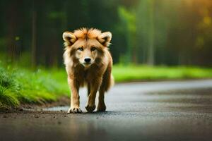 un león caminando abajo un la carretera en el bosque. generado por ai foto