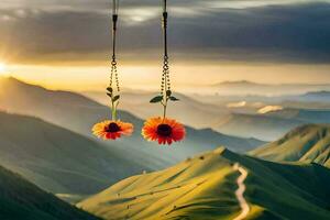 two flowers hanging from a rope in front of a mountain. AI-Generated photo