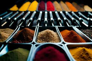 a variety of spices are displayed in metal containers. AI-Generated photo