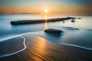 a long exposure photograph of the sun setting over the ocean. AI-Generated photo