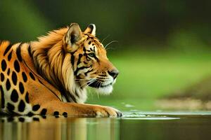 a tiger is sitting in the water. AI-Generated photo