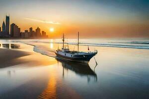 a boat on the beach at sunset with the city skyline in the background. AI-Generated photo
