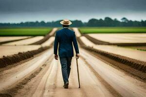 a man in a suit and hat walking down a dirt road. AI-Generated photo