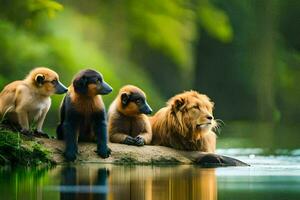 four lions and two monkeys sitting on a rock by the water. AI-Generated photo
