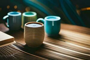 three coffee cups and a book on a table. AI-Generated photo