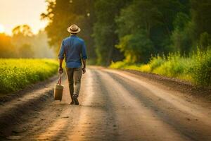 un hombre con un sombrero caminando abajo un suciedad la carretera. generado por ai foto