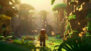 Lego character exploring a epic lego world AI Generative photo