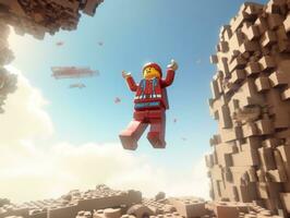 Lego character exploring a epic lego world AI Generative photo