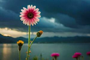 a pink flower stands in front of a lake and mountains. AI-Generated photo