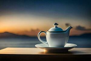tea pot on a table with a view of the sea. AI-Generated photo