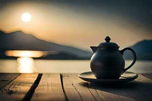 a teapot sits on a wooden table with the sun setting behind it. AI-Generated photo