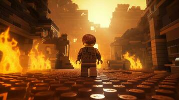 Lego character exploring a epic lego world AI Generative photo