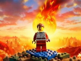 Lego character exploring a epic lego world AI Generative photo