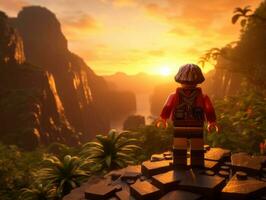 Lego character exploring a epic lego world AI Generative photo