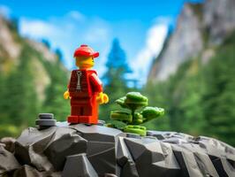 Lego character exploring a epic lego world AI Generative photo