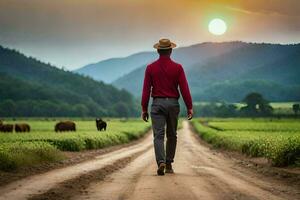 hombre caminando en suciedad la carretera con vacas en antecedentes. generado por ai foto