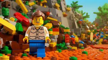 Lego character exploring a epic lego world AI Generative photo