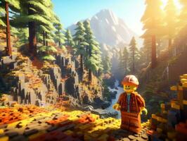 Lego character exploring a epic lego world AI Generative photo