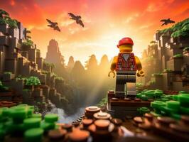 Lego character exploring a epic lego world AI Generative photo