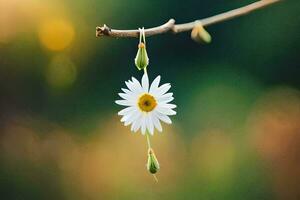 a daisy hanging from a branch. AI-Generated photo