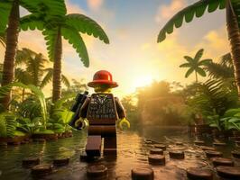 Lego character exploring a epic lego world AI Generative photo