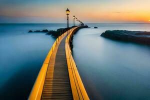 a long exposure photo of a pier at sunset. AI-Generated